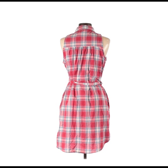 Red Plaid Button Down Sleeveless Shirtdress - Picture 3 of 4